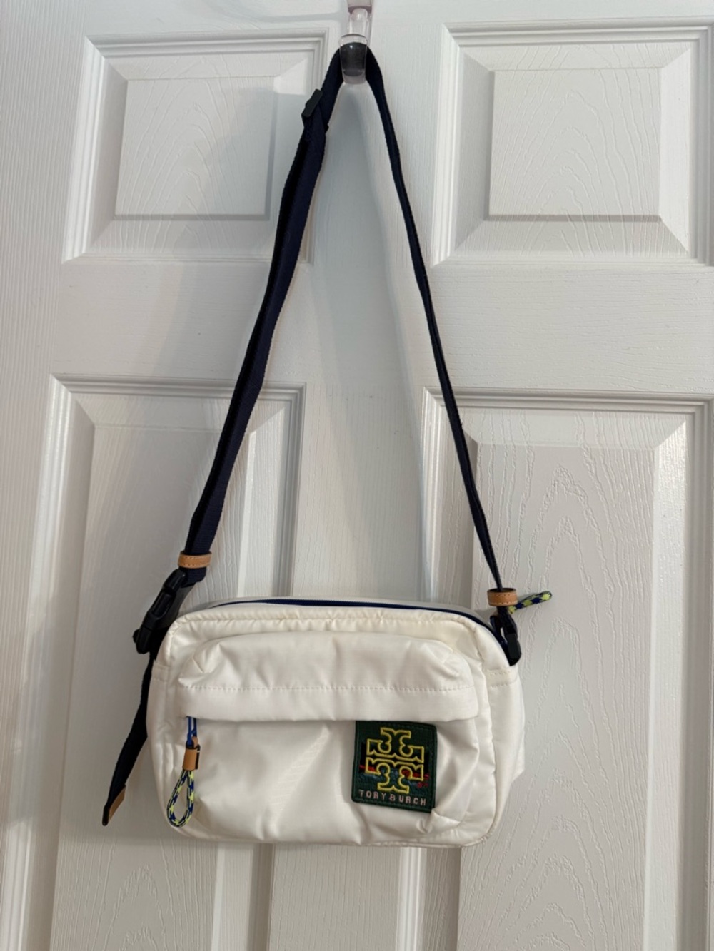 Tory Burch White Crossbody with Navy Strap.